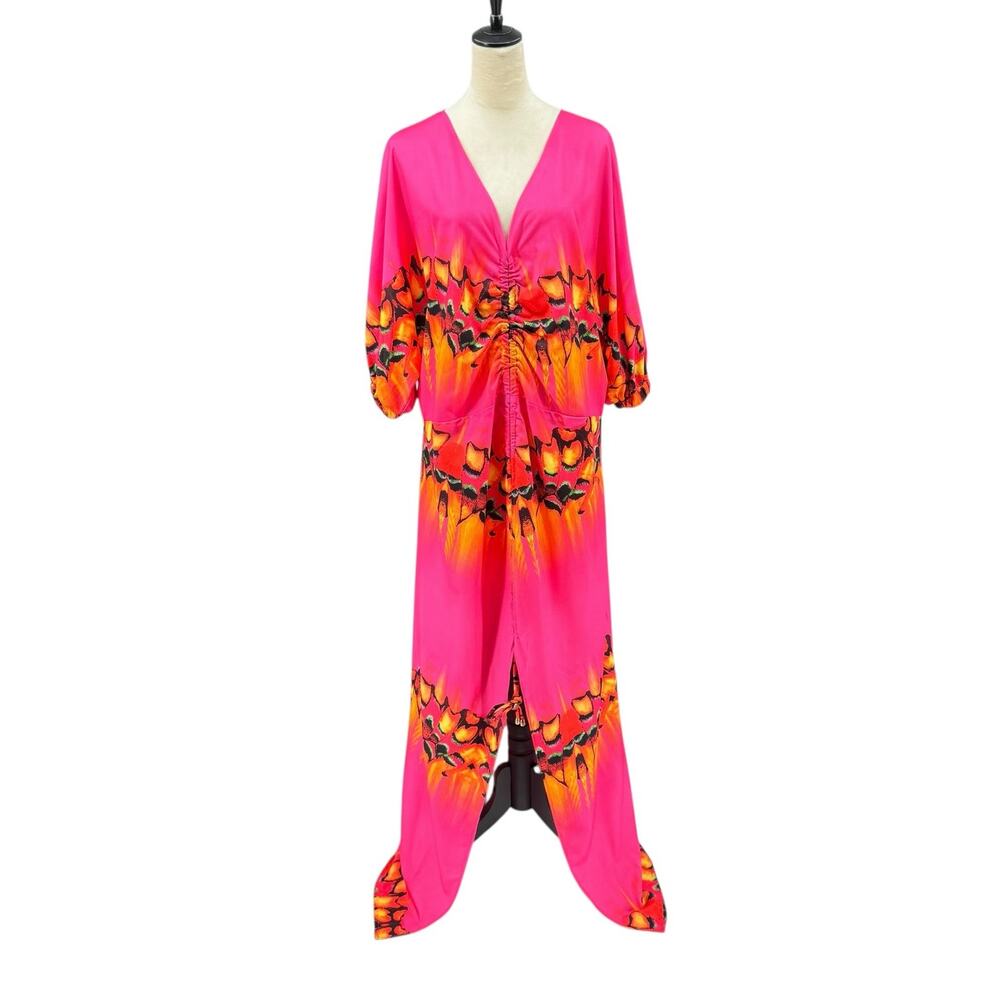 Simona NWT Sunset Bright Pink & Orange Print Cinched Caftan Maxi Dress Coverup